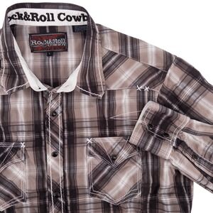 Rock & Roll Cowboy Mens L Brown Plaid Western Shirt Pearl Snap Embroidered Rodeo